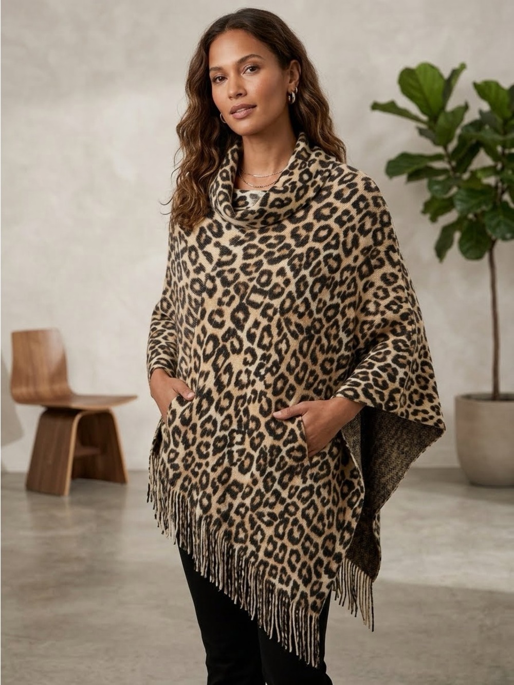 Chicos Leopard Print Soft Knit Sweater Poncho